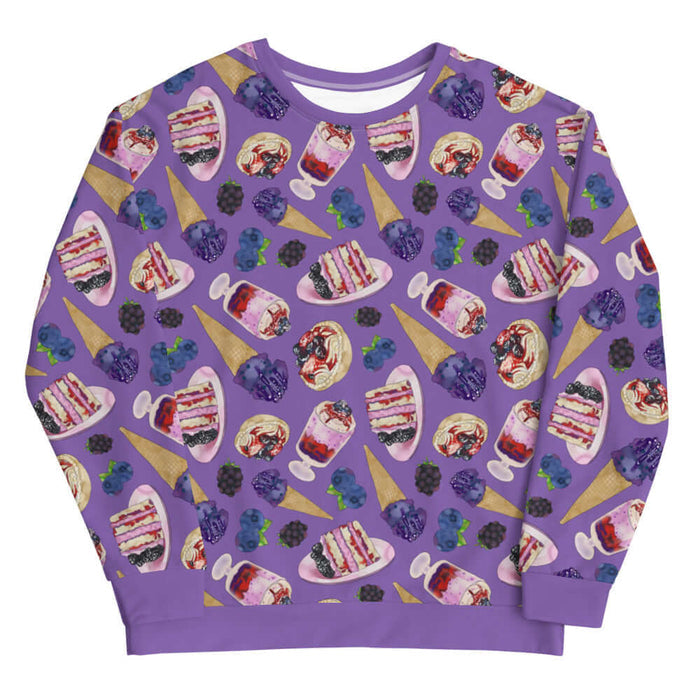 Berry kawaii sweatshirt in violet with glossy jam tarts and green leaf sprigs