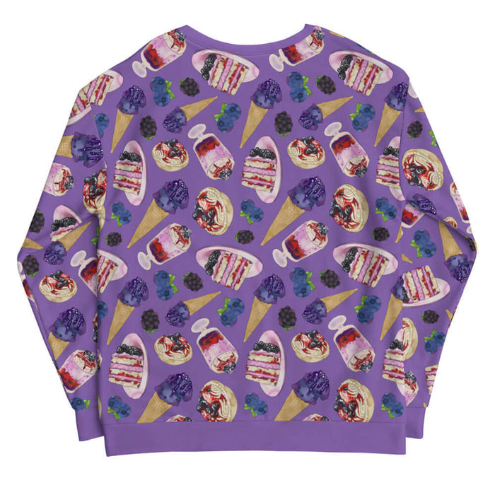 Berry kawaii sweatshirt in violet with green leaf sprigs and berry parfaits