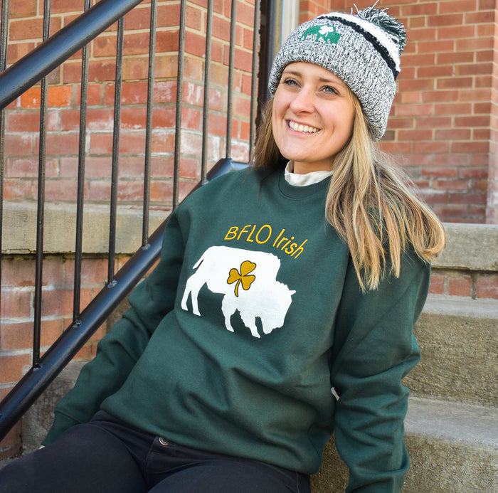 woman wearing bflo buffalo irish dark green crewneck sweater for st patricks day