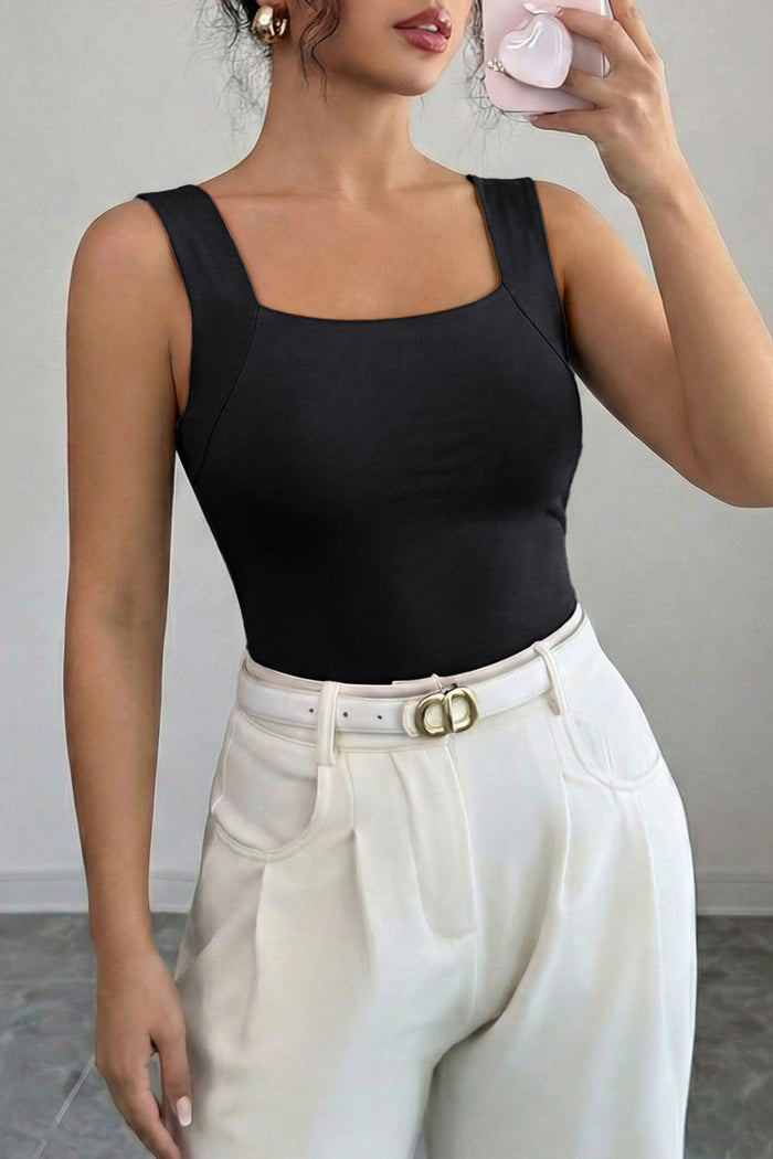 Black Solid Color Wide Strap Splicing Athleisure Tank Top 🇺🇸