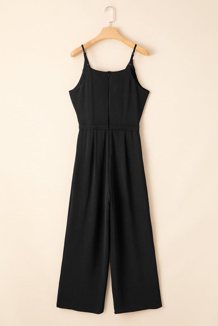 Black Solid Spaghetti Strap Wide Leg Drawstring High Waist Jumpsuit  🇺🇸