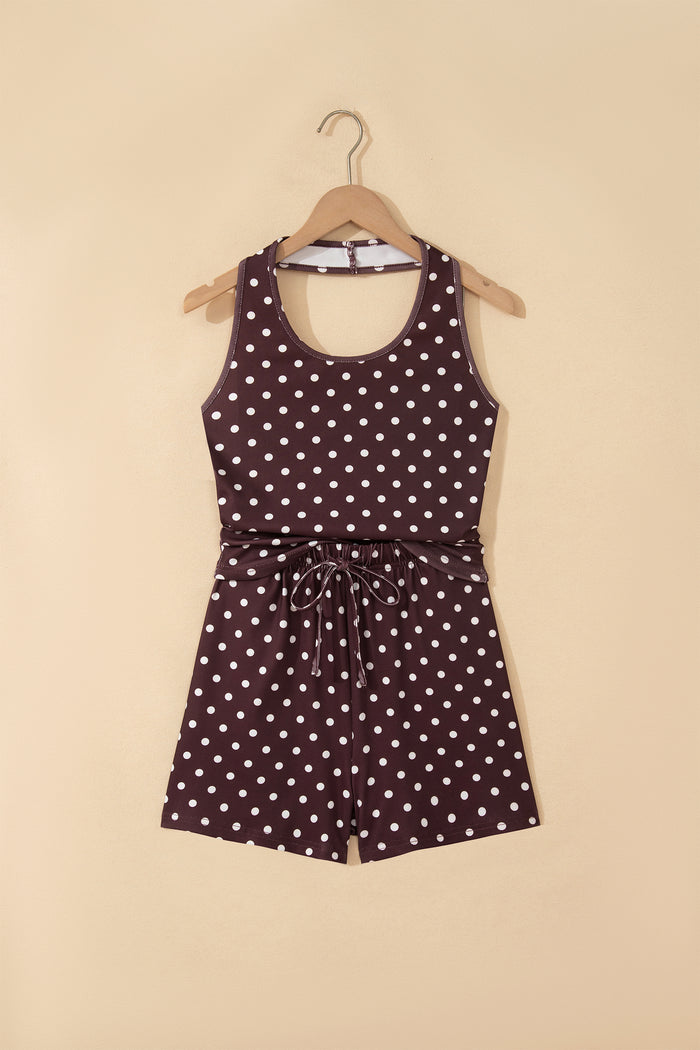 Brown Polka Dot Halter Tank Drawstring Elastic Waist Short Set 🇺🇸