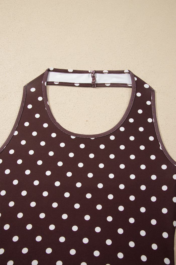 Brown Polka Dot Halter Tank Drawstring Elastic Waist Short Set 🇺🇸