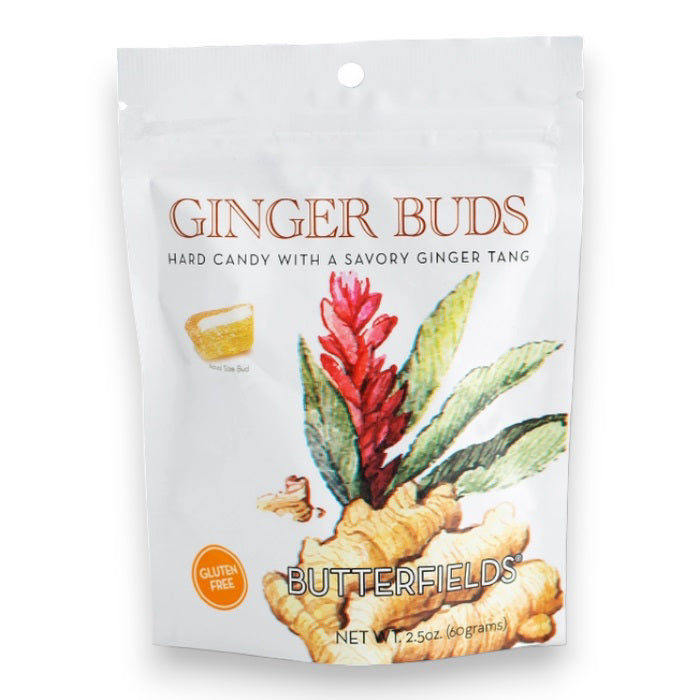A white pouch labeled "BUTTERFIELDS - GINGER BUDS" shows ginger root and flower. The packaging highlights "Hard candy with a savory natural ginger tang," "Gluten Free," "BUTTERFIELDS," and "Net Wt 2.5oz (60 grams).