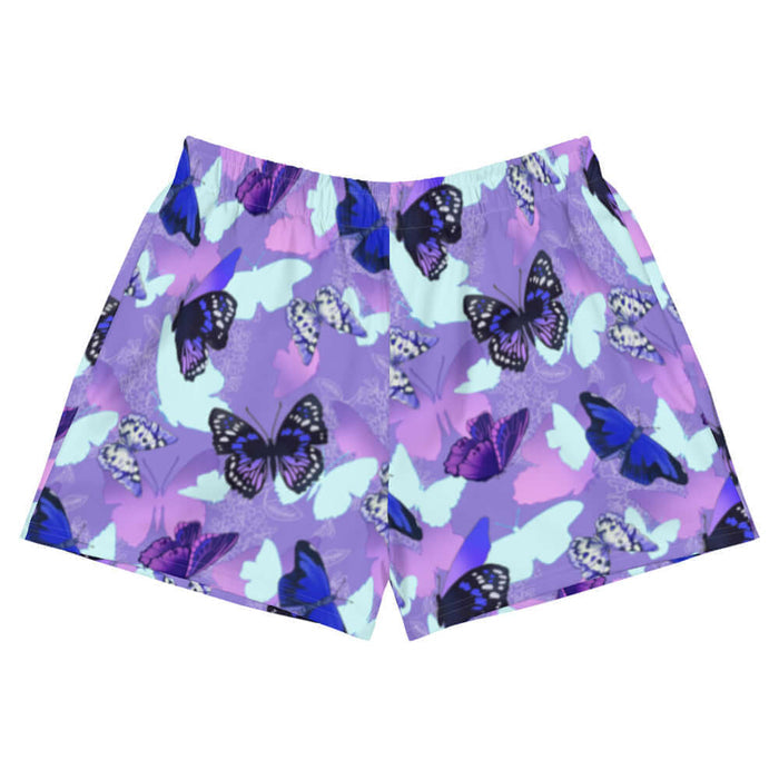 Butterfly kawaii athletic short shorts with cobalt morphos and violet wings