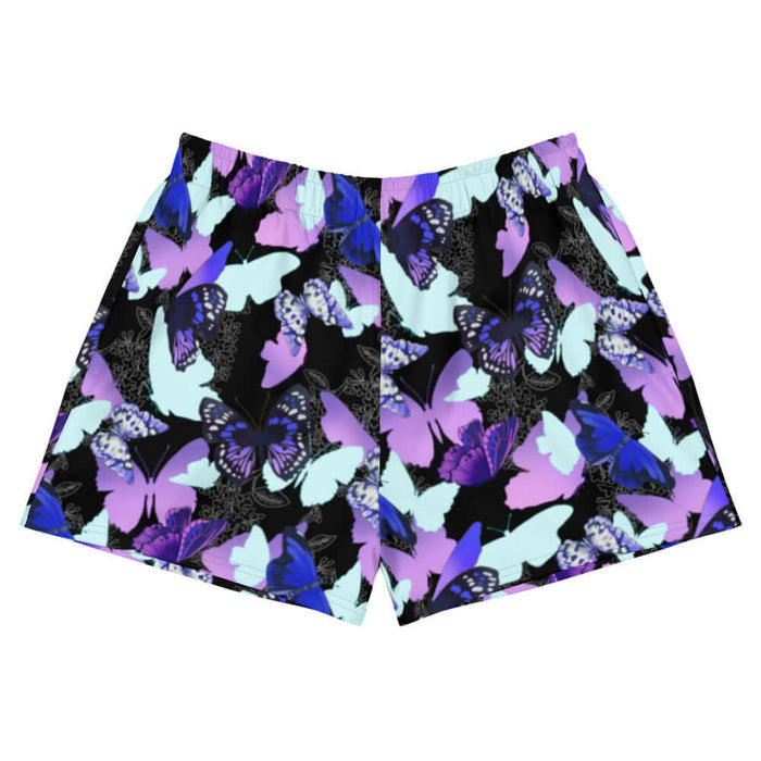 Butterfly kawaii athletic short shorts with electric-blue wings and crimson butterflies