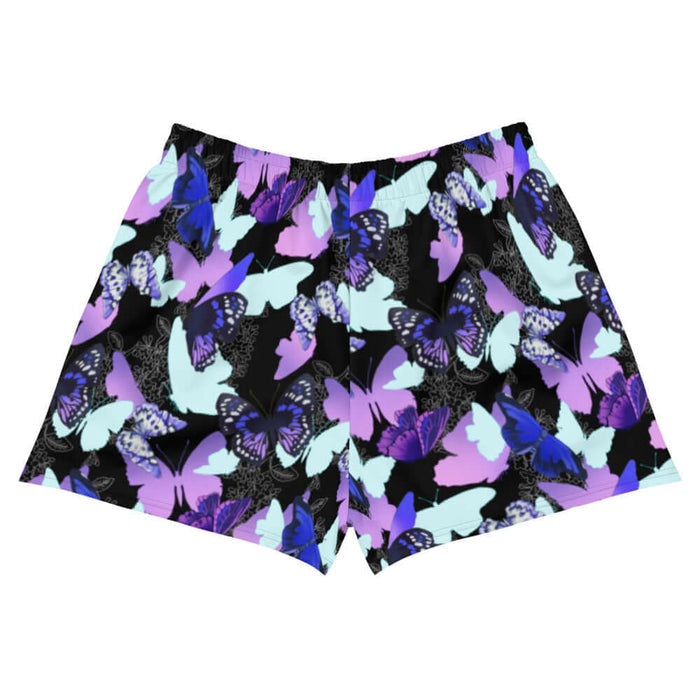 Butterfly kawaii athletic short shorts with violet butterflies and floral line-art