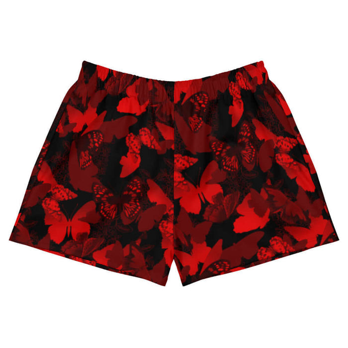 Butterfly kawaii athletic short shorts in crimson with layered butterfly silhouettes and cobalt wings