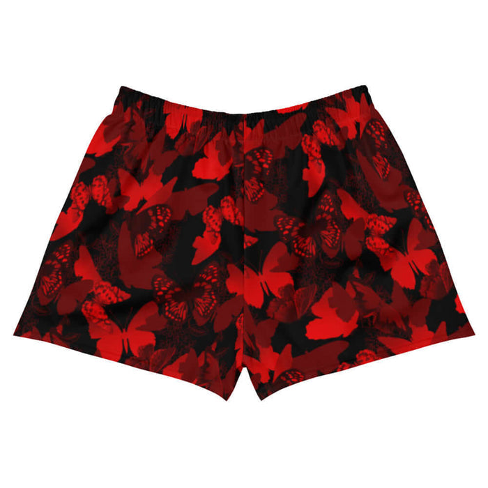 Butterfly kawaii athletic short shorts in crimson with scarlet butterflies and white-flecked wings