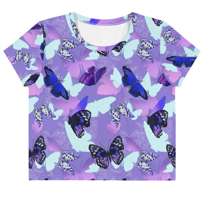 Butterfly kawaii crop top in purple with cobalt morphos and violet wings