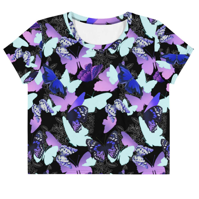 Butterfly kawaii crop top with electric-blue wings and crimson butterflies