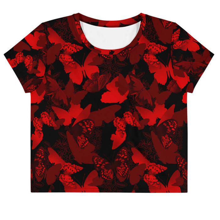 Butterfly kawaii crop top in crimson with layered butterfly silhouettes and cobalt wings