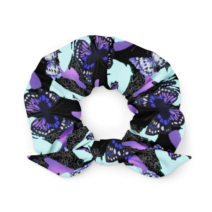 Butterfly kawaii scrunchie with electric-blue wings and crimson butterflies