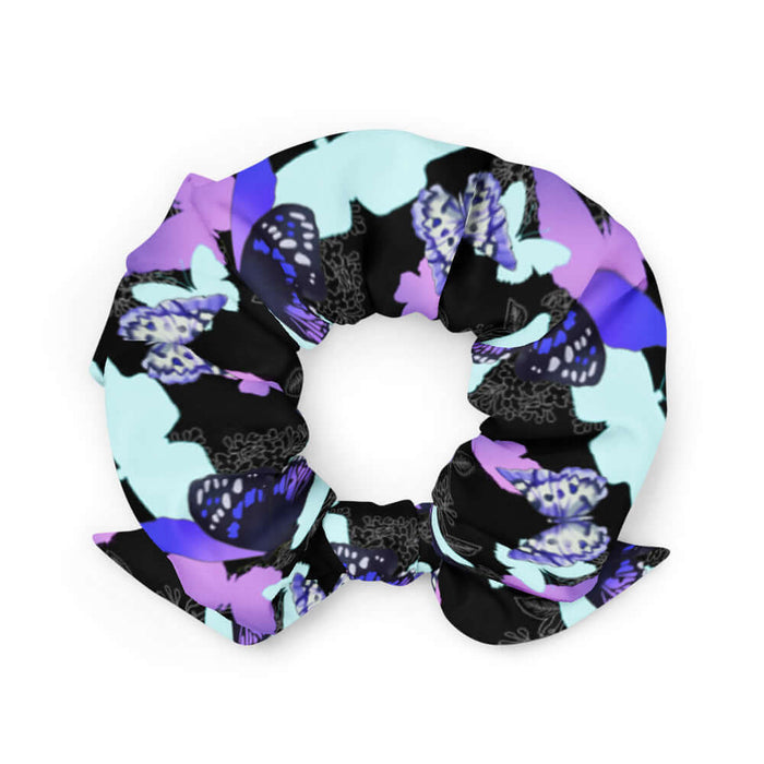 Butterfly kawaii scrunchie with violet butterflies and floral line-art