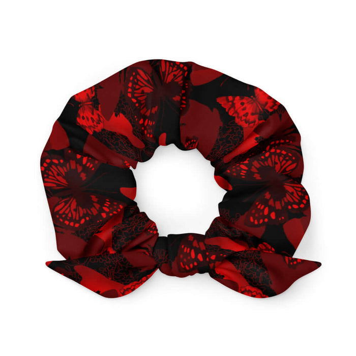 Butterfly kawaii scrunchie in crimson with layered butterfly silhouettes and cobalt wings
