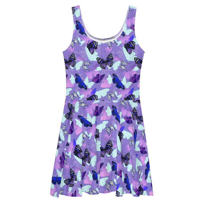 Butterfly kawaii skater dress in crimson with cobalt morphos and violet wings