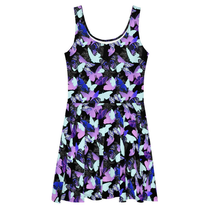 Butterfly kawaii skater dress with electric-blue wings and crimson butterflies