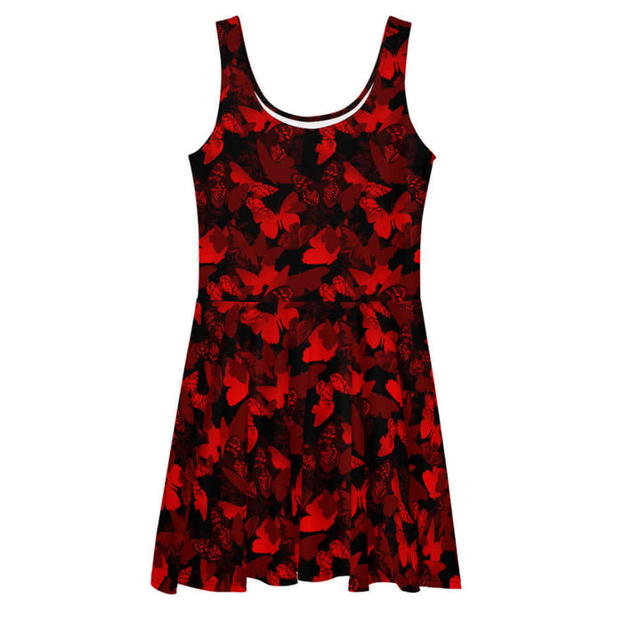 Butterfly kawaii skater dress in crimson with layered butterfly silhouettes and cobalt wings