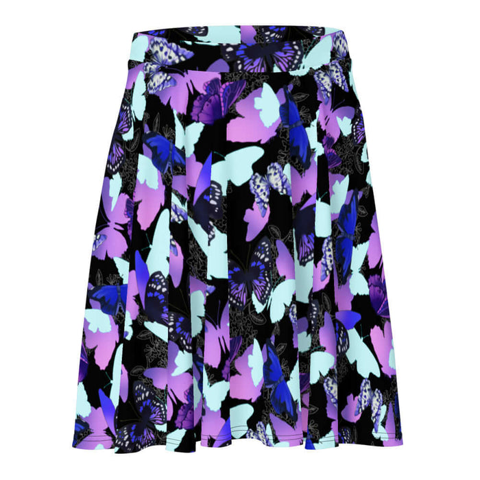 Butterfly kawaii skater skirt with electric-blue wings and crimson butterflies