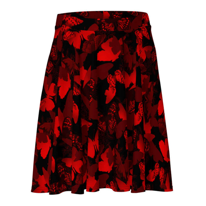 Butterfly kawaii skater skirt in crimson with layered butterfly silhouettes and cobalt wings
