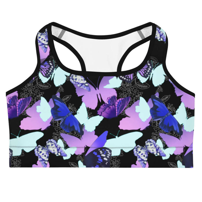 Butterfly kawaii sports bra with electric-blue wings and crimson butterflies