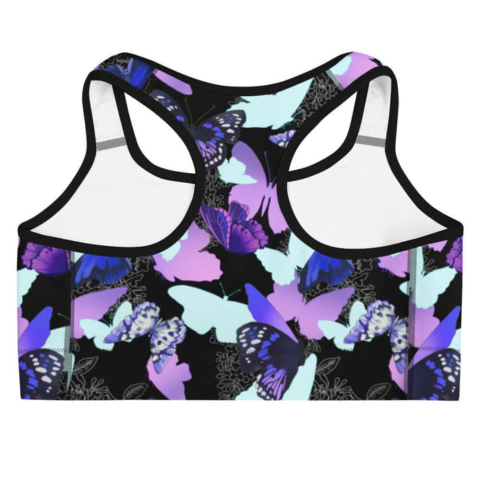 Butterfly kawaii sports bra with violet butterflies and floral line-art