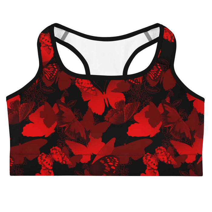 Butterfly kawaii sports bra in crimson with layered butterfly silhouettes and cobalt wings