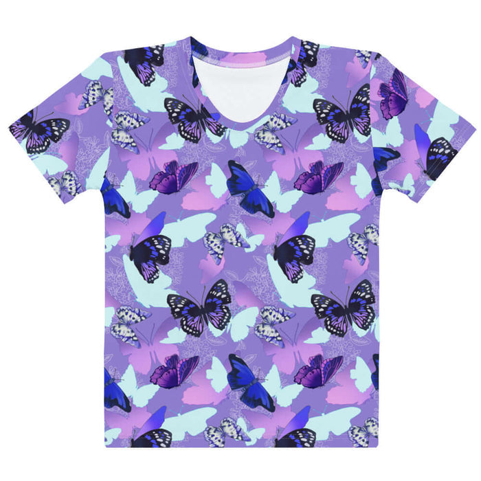 Butterfly kawaii t-shirt in purple with cobalt morphos and violet wings