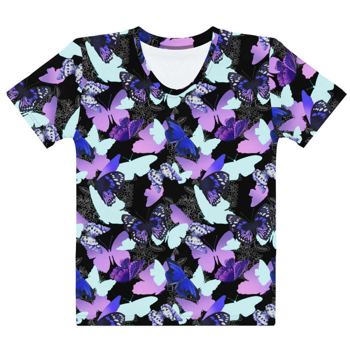 Butterfly kawaii t-shirt with electric-blue wings and crimson butterflies