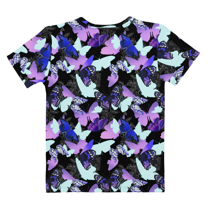 Butterfly kawaii t-shirt with violet butterflies and floral line-art