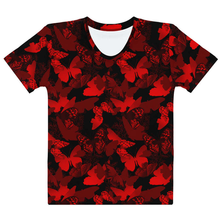 Butterfly kawaii t-shirt in crimson with layered butterfly silhouettes and cobalt wings