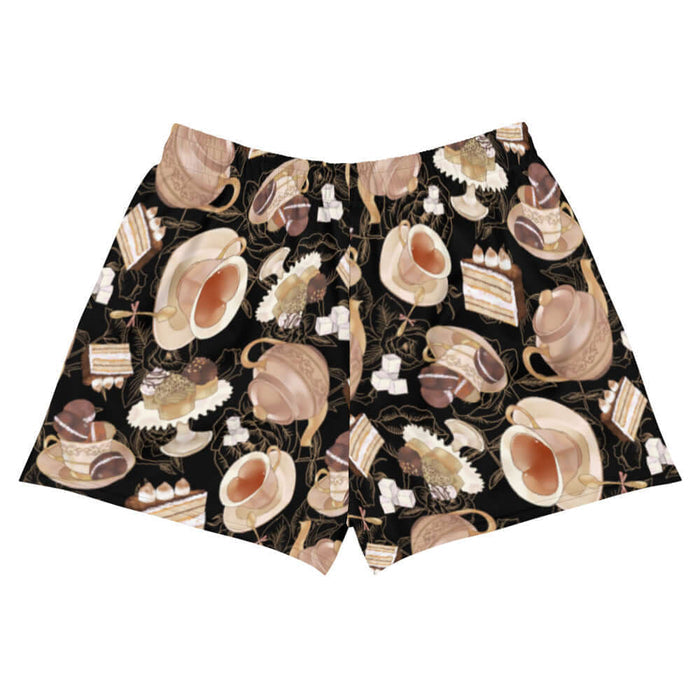 Latte kawaii Café athletic shorts with heart-shaped teacups and chocolate macarons