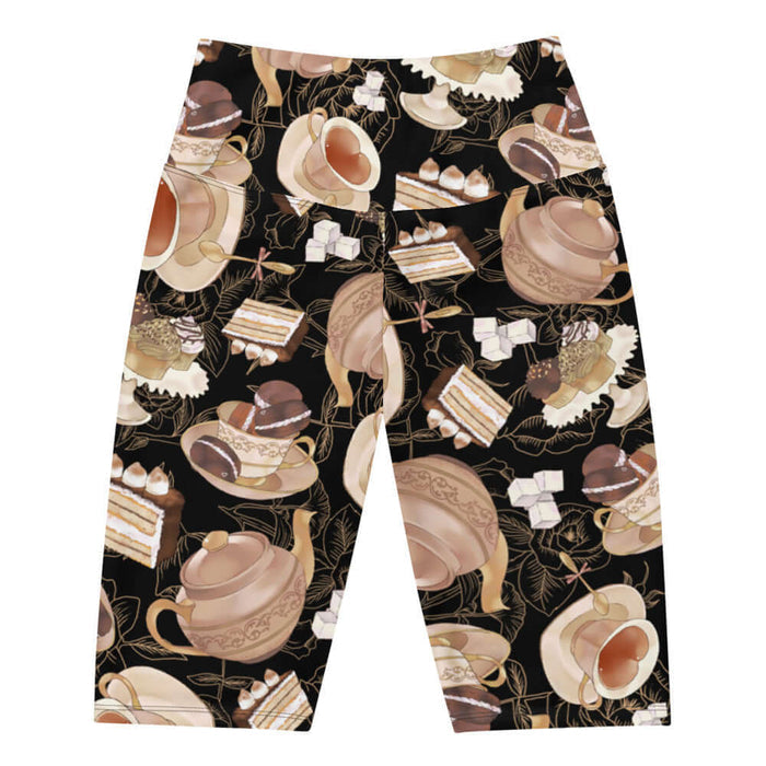 Latte kawaii Café biker shorts with heart-shaped teacups and tiramisu cake