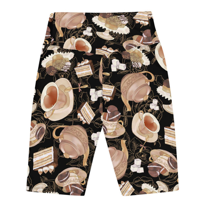 Latte kawaii Café biker shorts with heart-shaped teacups and chocolate macarons