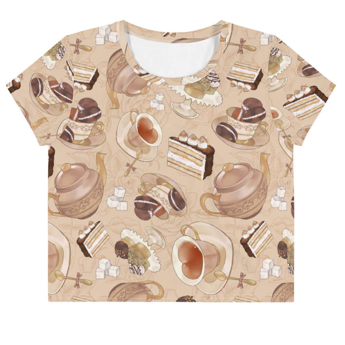 Latte kawaii Café crop top with heart-shaped teacups and ornate teapots