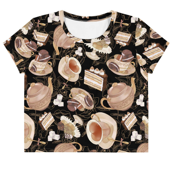 Latte kawaii Café crop top with heart-shaped teacups and tiramisu cake