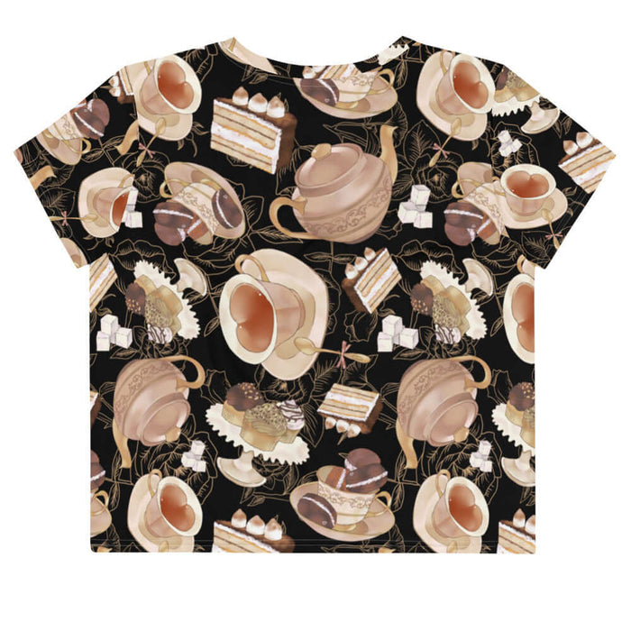Latte kawaii Café crop top with heart-shaped teacups and chocolate macarons