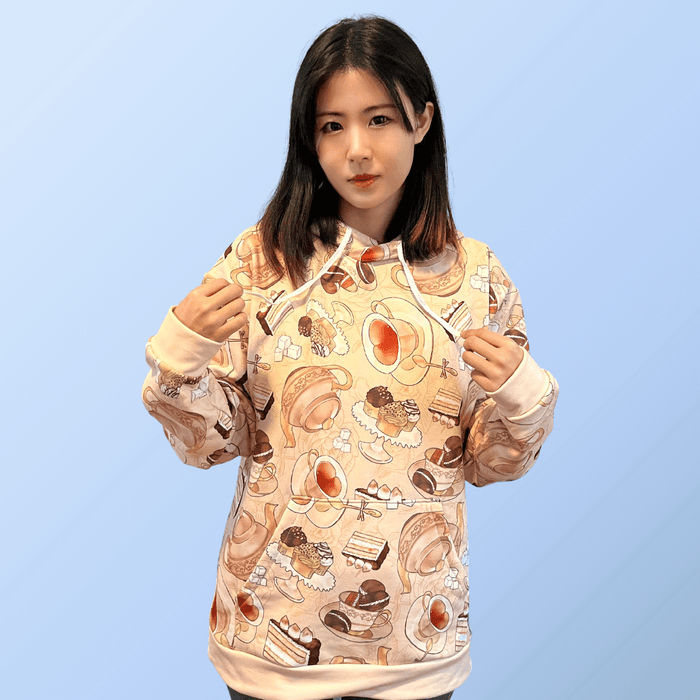 Latte kawaii Café hoodie with heart-shaped teacups and tiramisu cake