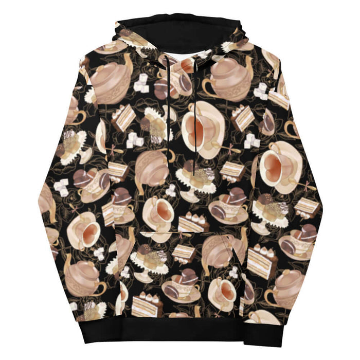 Latte kawaii Café hoodie with ornate teapots and sugar cubes