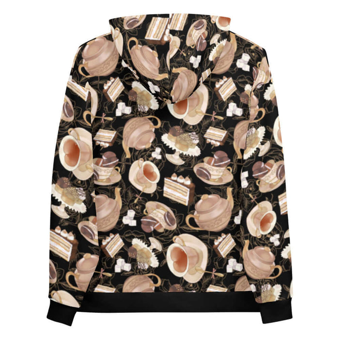 Latte kawaii Café hoodie with ornate teapots and tiramisu cake