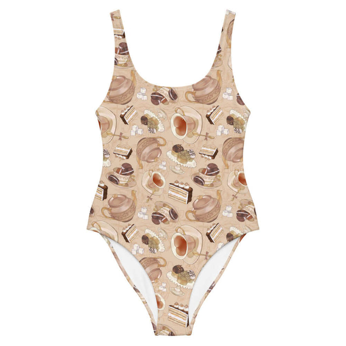 Latte kawaii Café one-piece swimsuit with heart-shaped teacups and ornate teapots