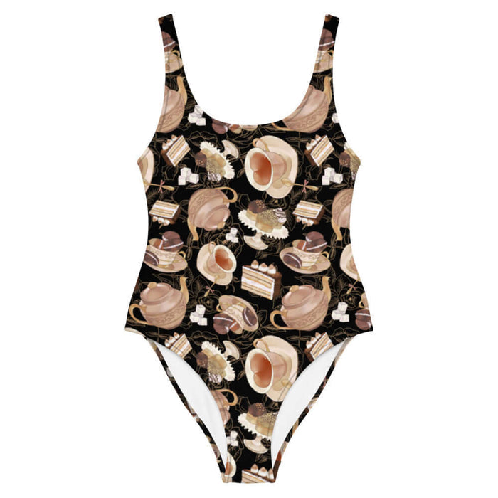 Latte kawaii Café one-piece swimsuit with heart-shaped teacups and tiramisu cake