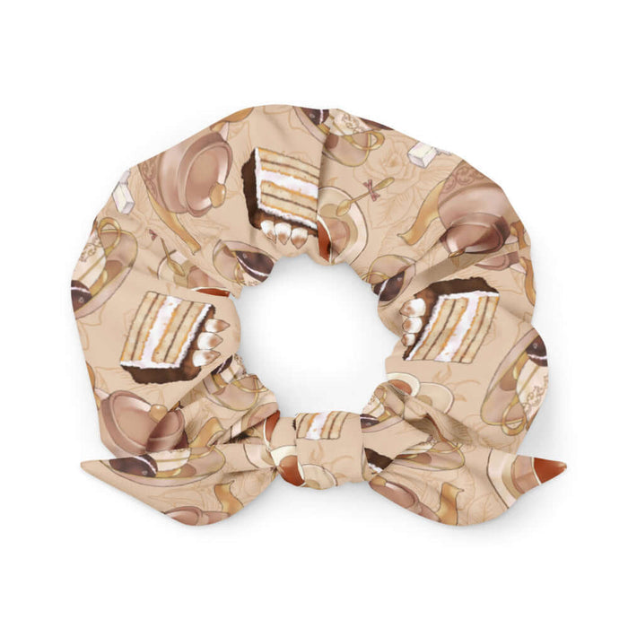 Latte kawaii Café scrunchie with heart-shaped teacups and ornate teapots