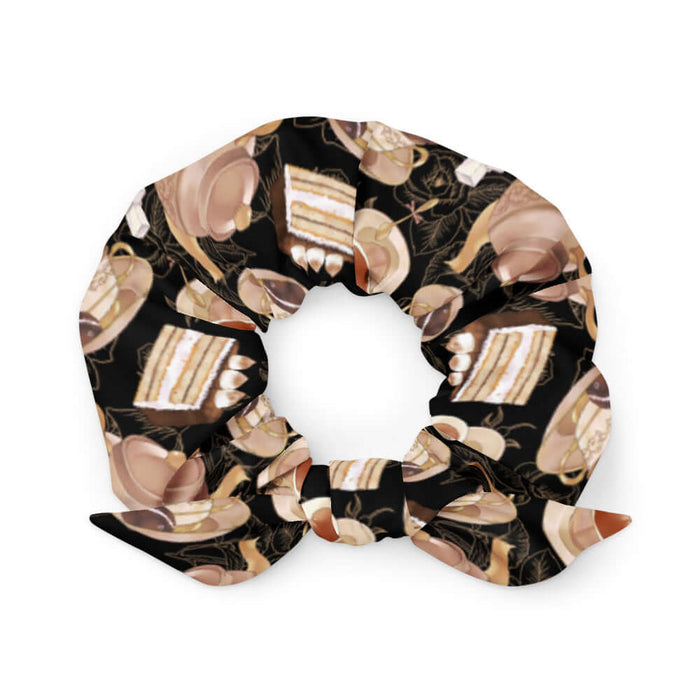 Latte kawaii Café scrunchie with heart-shaped teacups and tiramisu cake