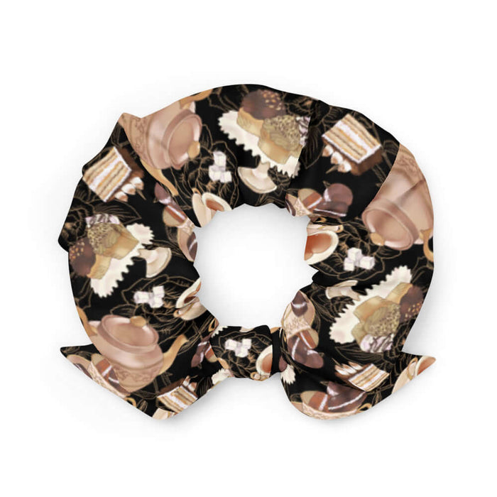 Latte kawaii Café scrunchie with heart-shaped teacups and chocolate macarons