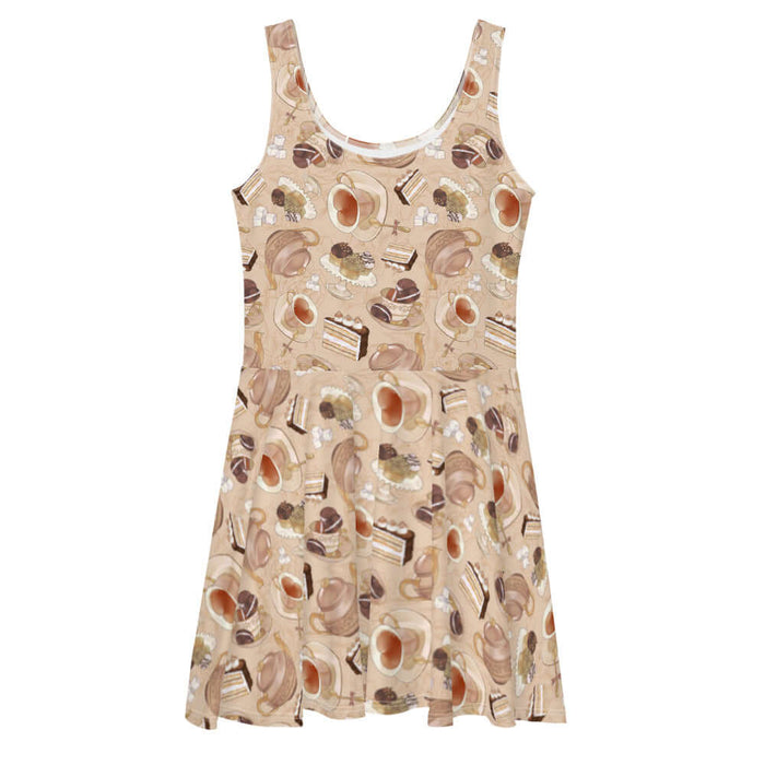 Latte kawaii Café skater dress with heart-shaped teacups and ornate teapots