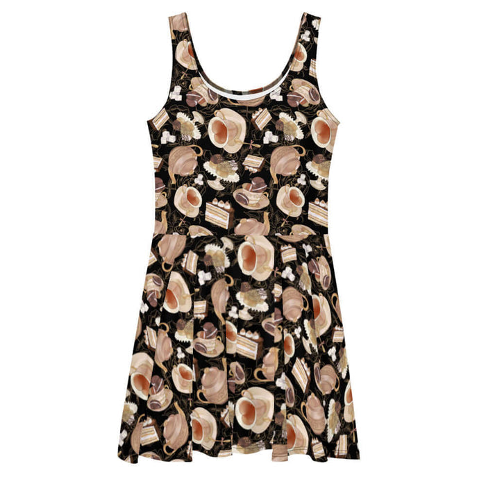 Black kawaii Café skater dress with heart-shaped teacups and tiramisu cake