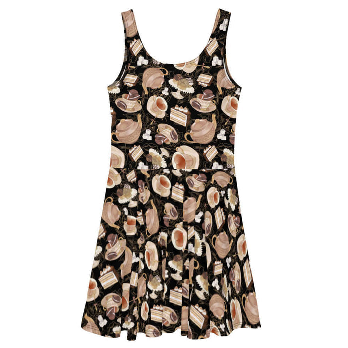 Black kawaii Café skater dress with heart-shaped teacups and chocolate macarons