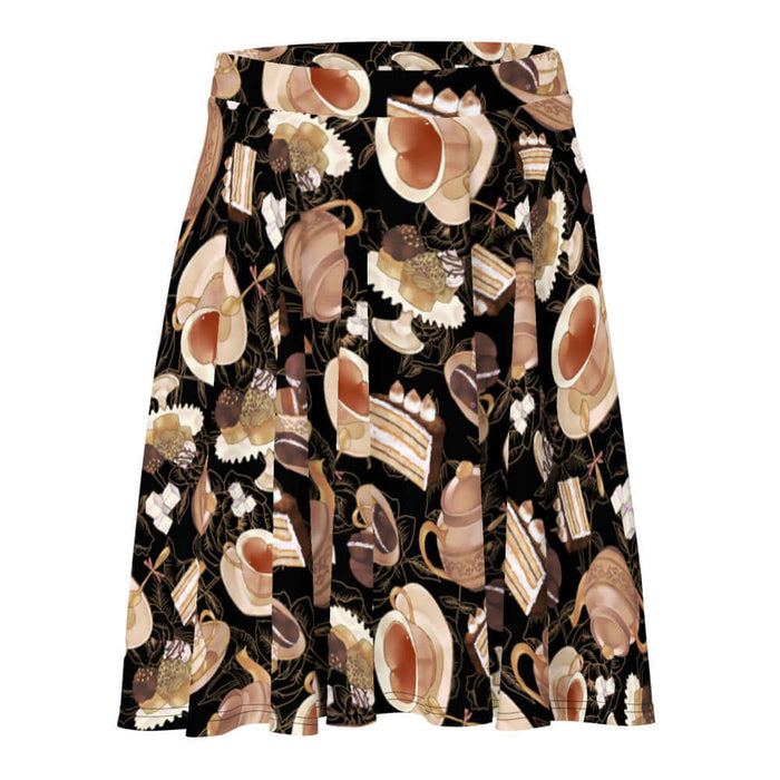 Black kawaii Café skater skirt with heart-shaped teacups and tiramisu cake