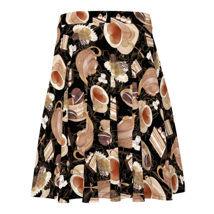 Black kawaii Café skater skirt with heart-shaped teacups and chocolate macarons